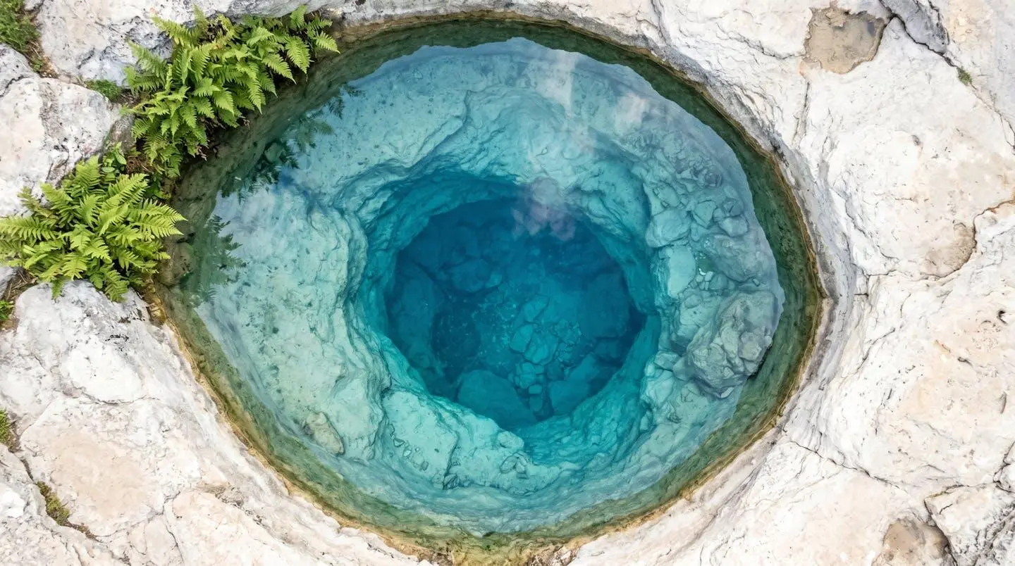 Vue aérienne d'une vasque turquoise circulaire entourée de roches calcaires blanches, illustrant la pureté esthétique des sites de canyoning du Vercors.